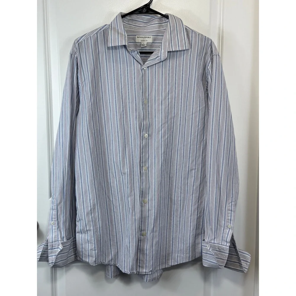 Banana Republic Mens Classic Fit Striped Button Down Shirt Blue L 16 16.5 Preppy